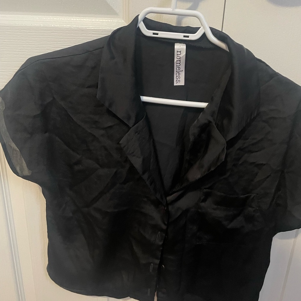 Black Button-Up Cropped Silk Blouse